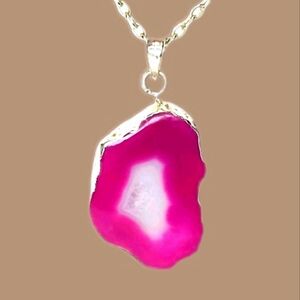 The Boho Pink Agate Geode Sterling Silver Plated Pendant Necklace